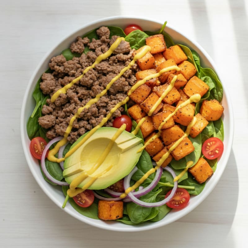 Sweet Potato Ground Beef Burger Bowl