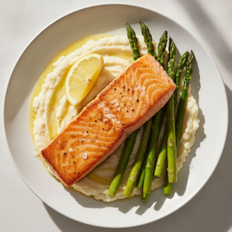 Seared Salmon with Roasted Asparagus and Cauliflower Mash