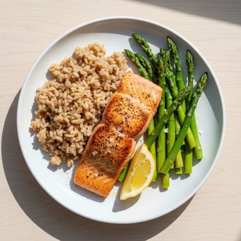 Seared Salmon Fillet with Steamed Asparagus and Brown Rice