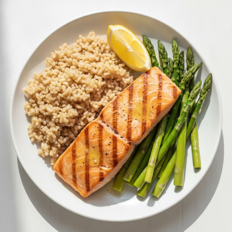 Seared Salmon with Steamed Asparagus and Brown Rice