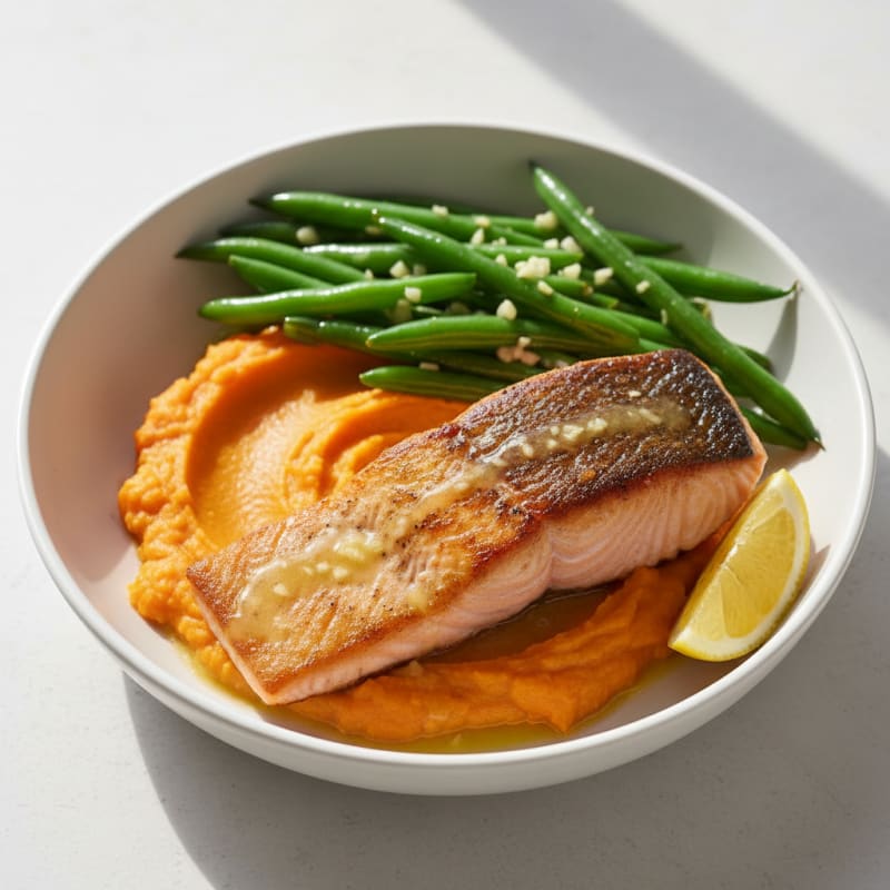 Seared Salmon with Garlic Green Beans and Sweet Potato Mash