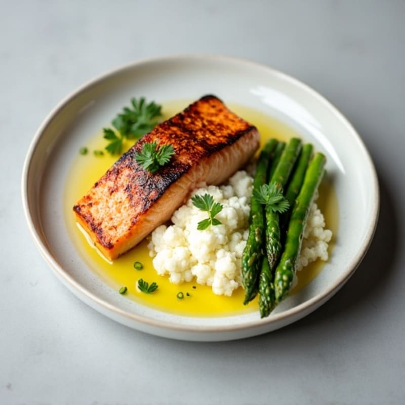 Seared Salmon with Steamed Asparagus and Cauliflower Mash