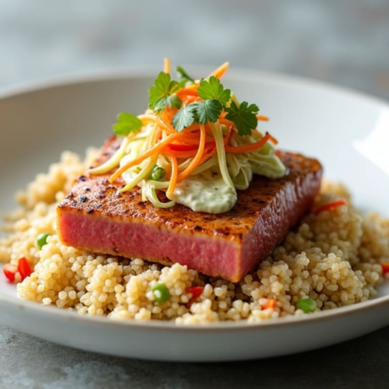 Pan-Seared Ahi Tuna with Creamy Wasabi Mayo and Crunchy Veggie Slaw
