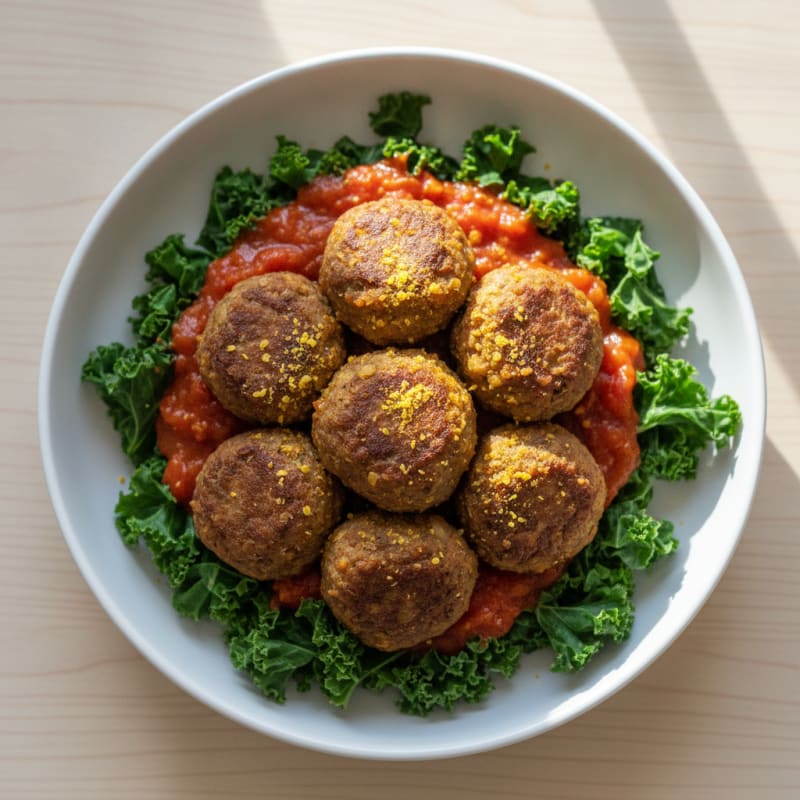 Lentil and Walnut Meatballs with Silky Tomato Sauce and Steamed Kale