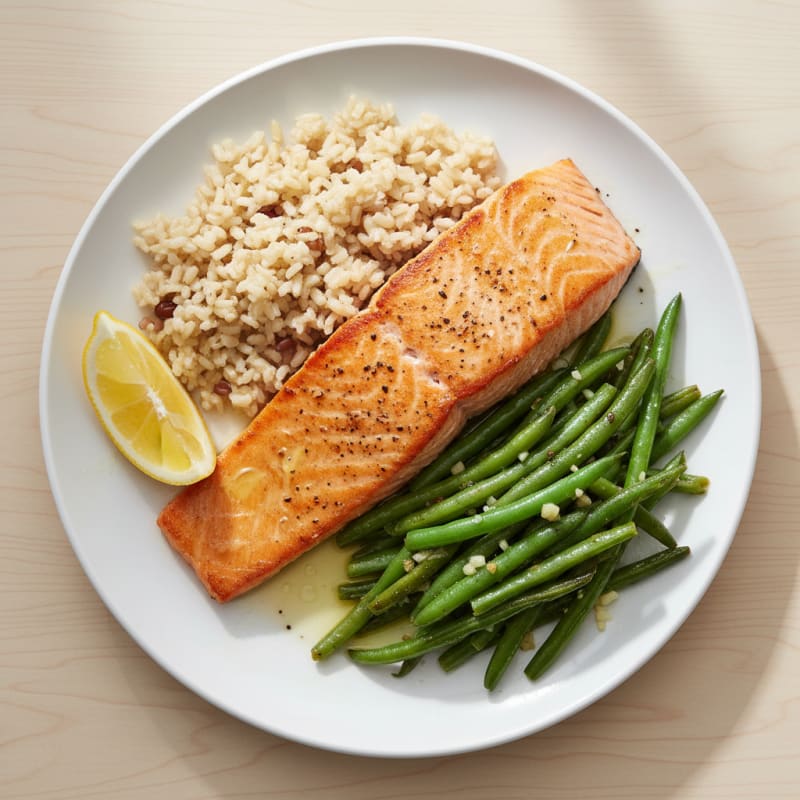 Seared Salmon with Garlic Green Beans and Brown Rice