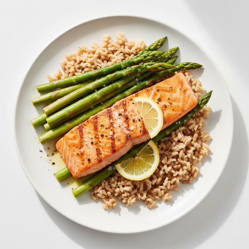 Seared Salmon Fillet with Steamed Asparagus and Brown Rice