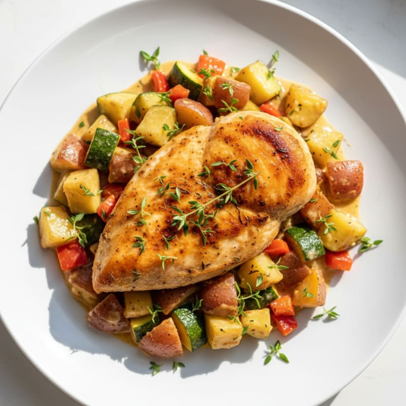 Herb-Seared Chicken with Creamy Vegetable Medley