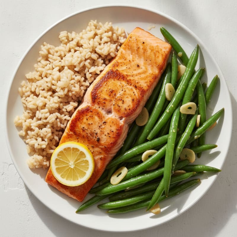 Seared Salmon with Garlic Green Beans and Brown Rice
