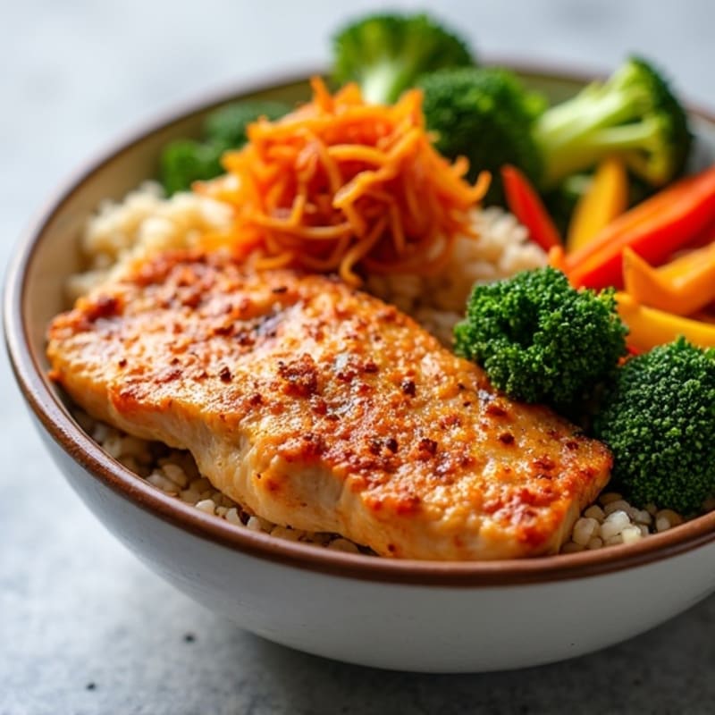 Spicy Kimchi Crispy Brown Rice with Lean Chicken and Fresh Vegetables