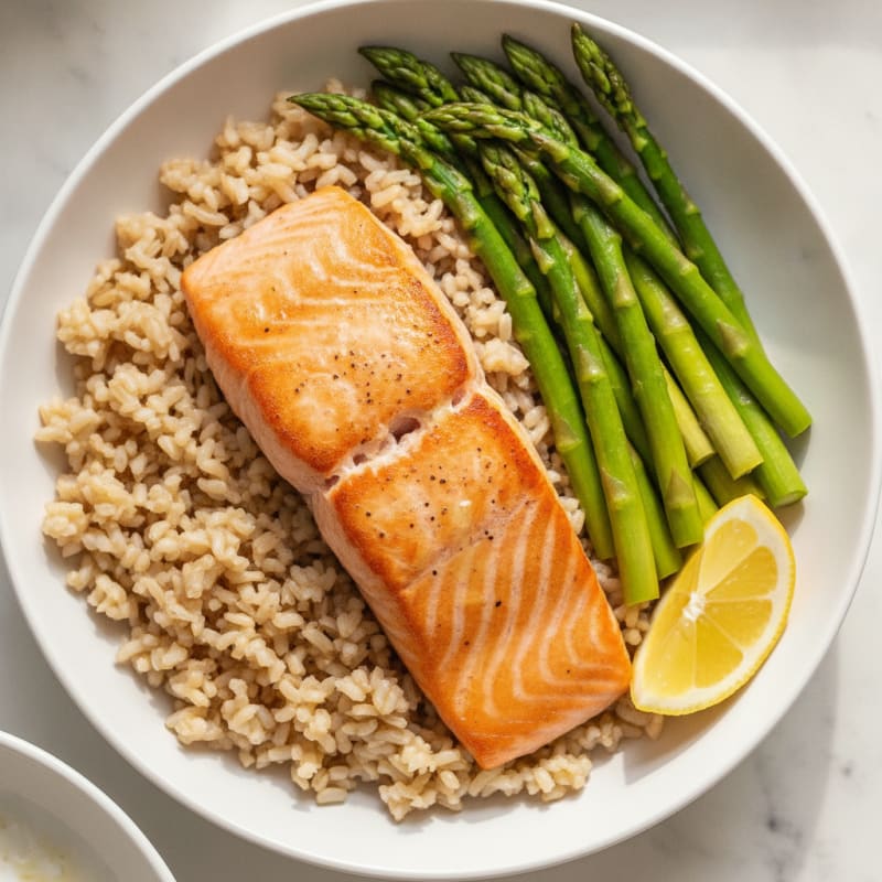 Seared Salmon Fillet with Brown Rice and Steamed Asparagus