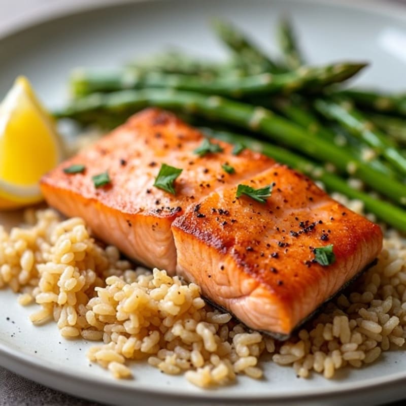 Seared Salmon Filet with Steamed Asparagus and Brown Rice