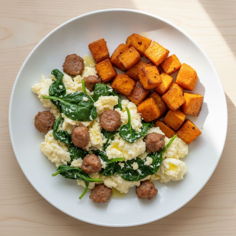 Egg White Spinach Scramble with Turkey Sausage and Roasted Sweet Potato
