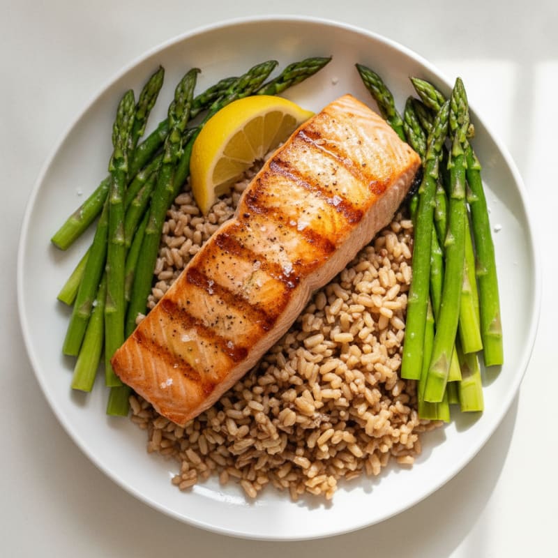 Seared Salmon with Steamed Asparagus and Brown Rice