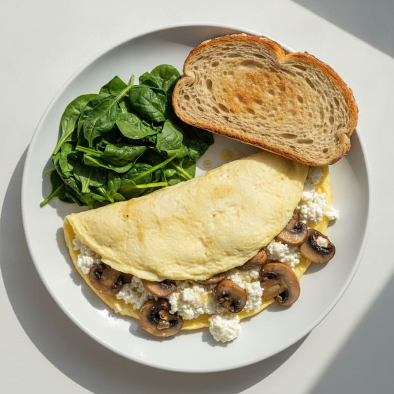 Egg White Spinach Omelette with Cottage Cheese and Sautéed Mushrooms