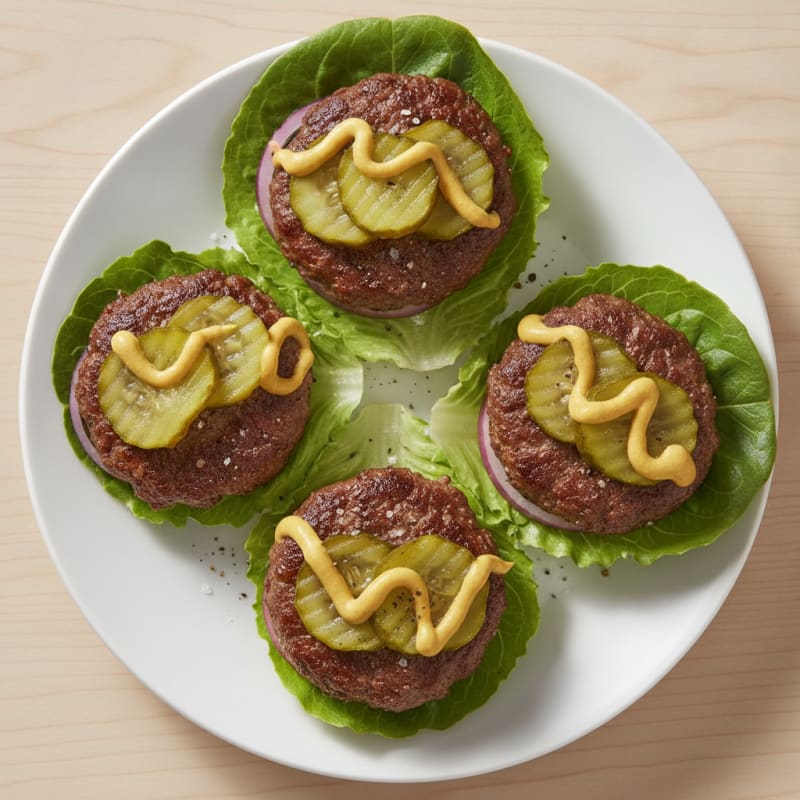 Lean Beef Burger Lettuce Wrap with Pickles and Mustard