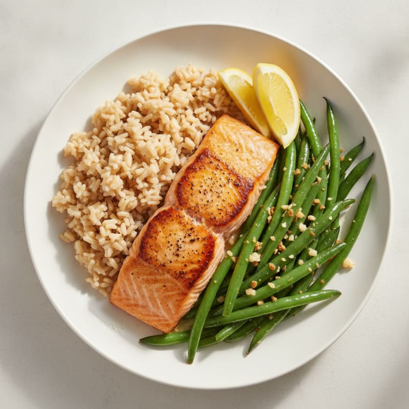Seared Salmon with Garlic Green Beans and Brown Rice