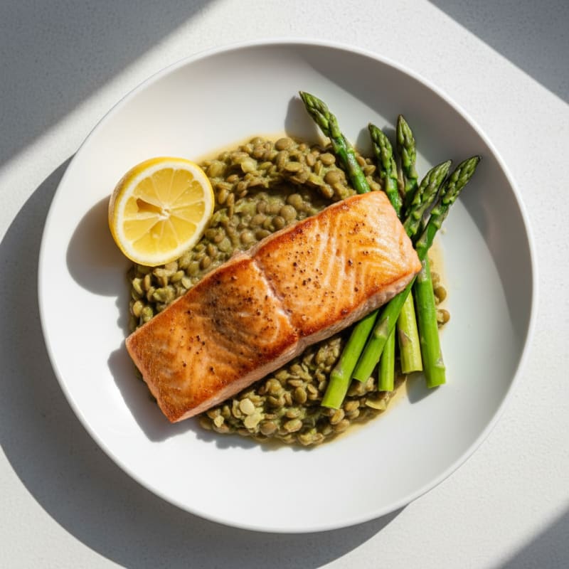 Seared Salmon Fillet with Steamed Asparagus and Lentil Mash