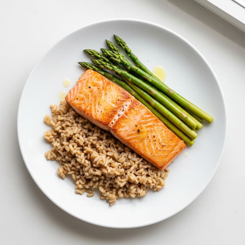 Seared Salmon with Steamed Asparagus and Brown Rice