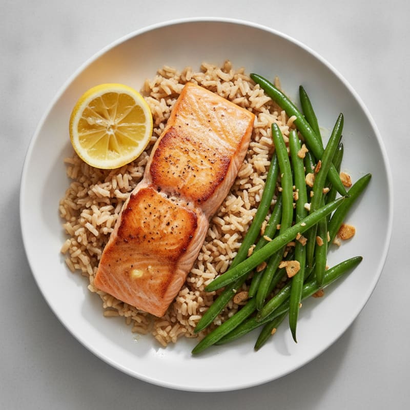 Seared Salmon Fillet with Garlic Green Beans and Brown Rice
