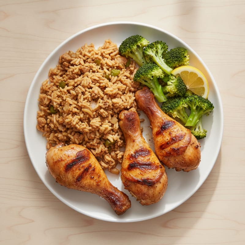 Grilled Chicken Legs with Dirty Rice and Steamed Broccoli