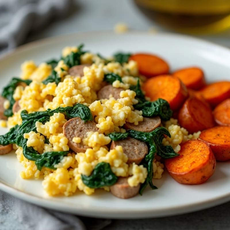 Egg White and Turkey Sausage Scramble with Spinach and Roasted Sweet Potatoes