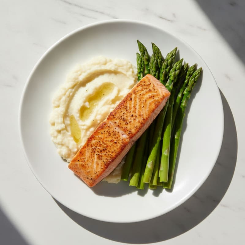 Seared Salmon with Steamed Asparagus and Cauliflower Mash