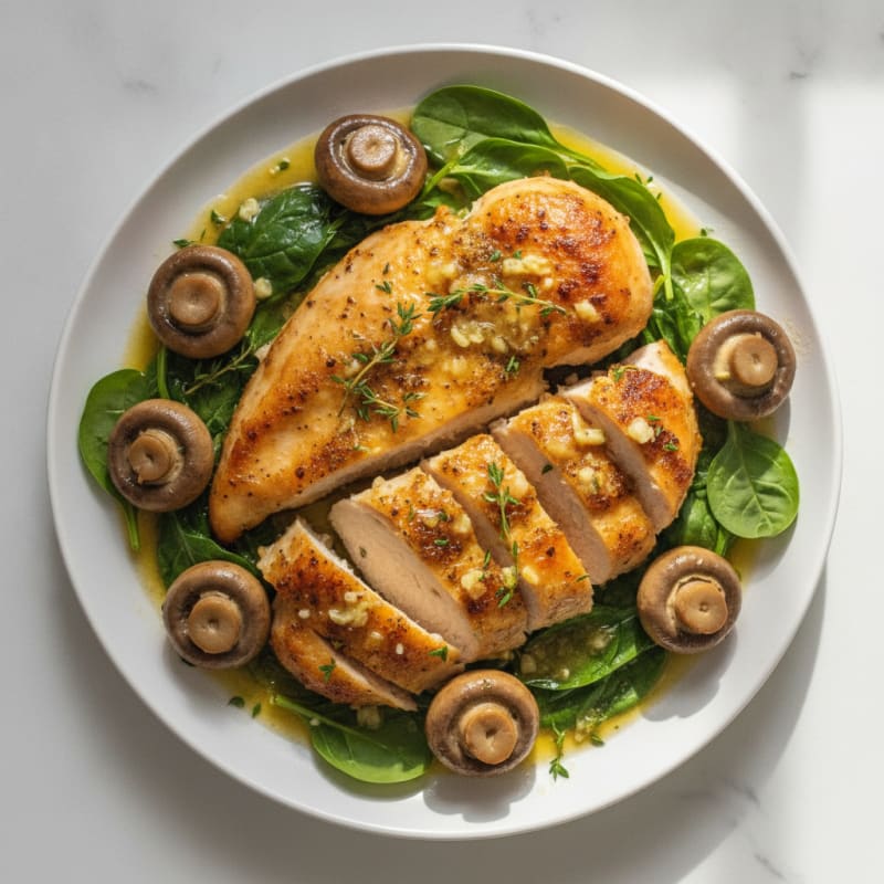 Roasted Garlic Butter Mushrooms with Herb-Crusted Chicken