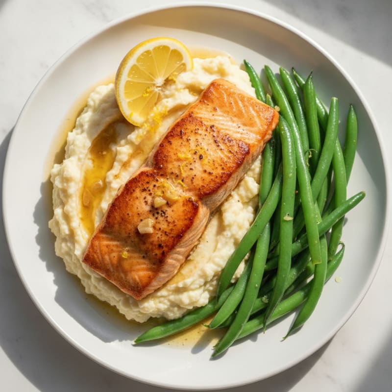 Seared Salmon with Steamed Green Beans and Garlic Mashed Cauliflower