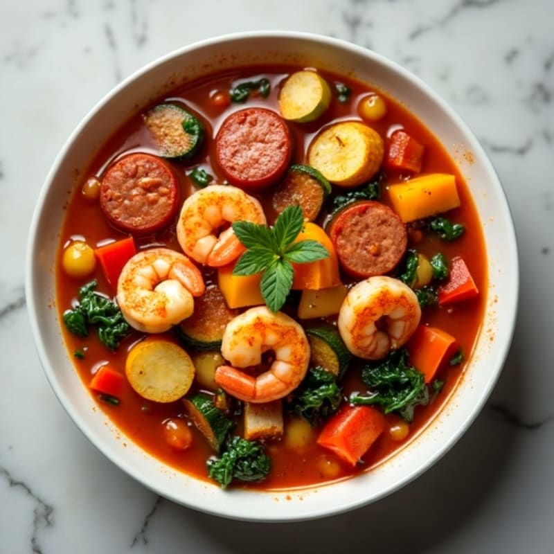 Spicy Chicken, Sausage, and Shrimp Hearty Vegetable Stew
