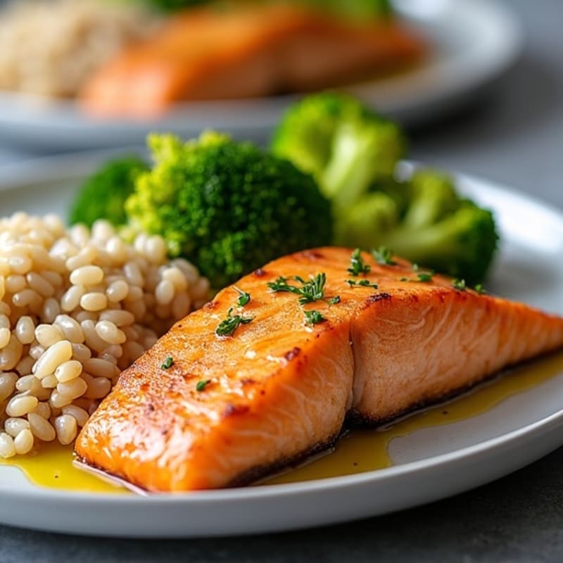 Grilled Salmon with Olive Oil Brown Rice and Steamed Broccoli