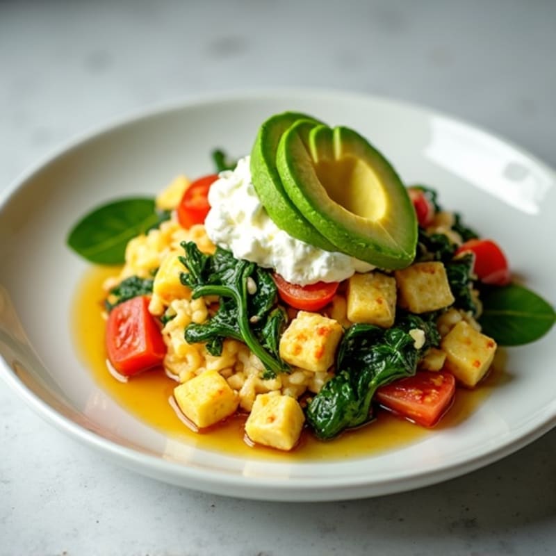 Egg White and Spinach Scramble with Cottage Cheese and Sliced Avocado