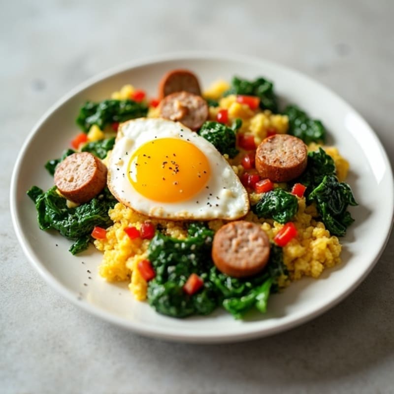 Egg White Scramble with Turkey Sausage and Sautéed Spinach