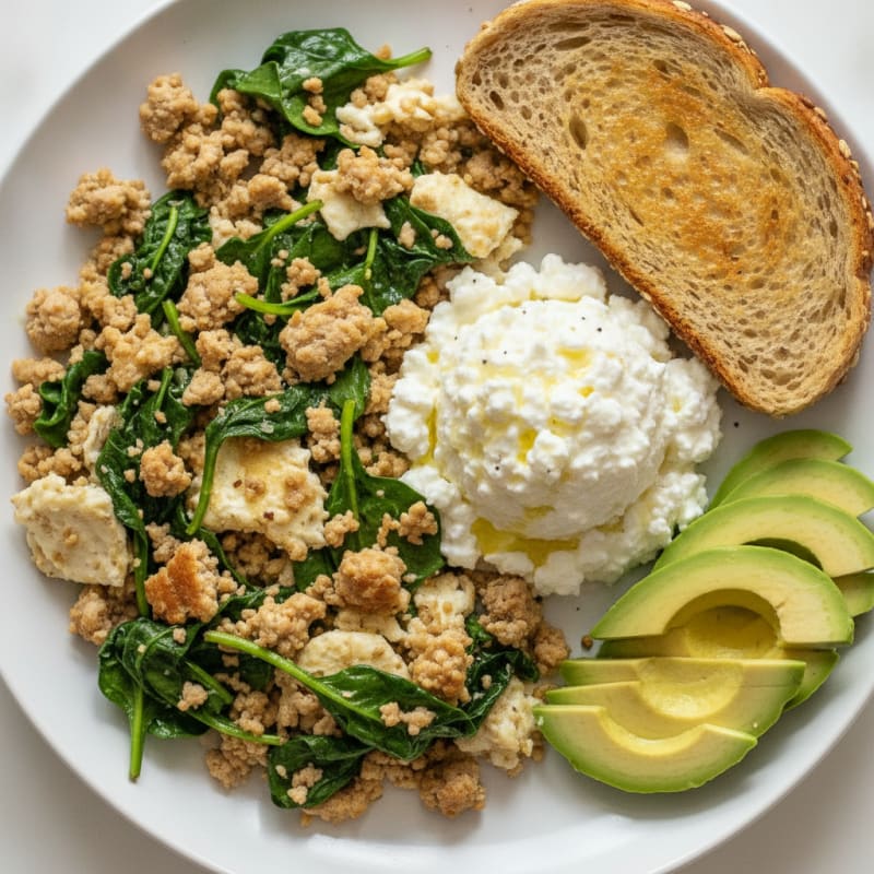Egg White and Turkey Spinach Scramble with Cottage Cheese