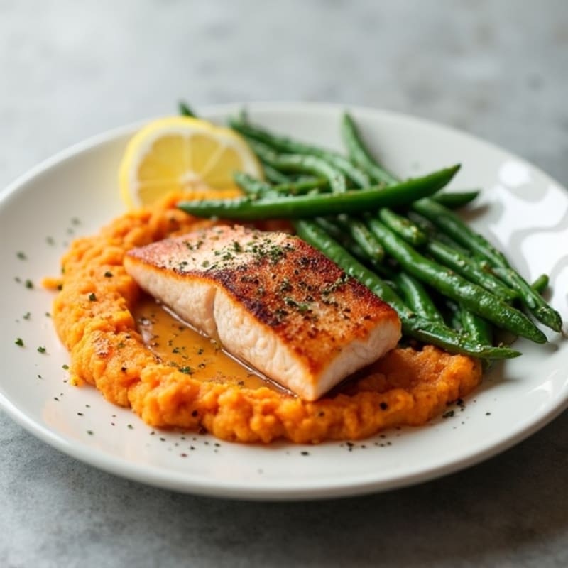 Seared Salmon with Steamed Green Beans and Sweet Potato Mash