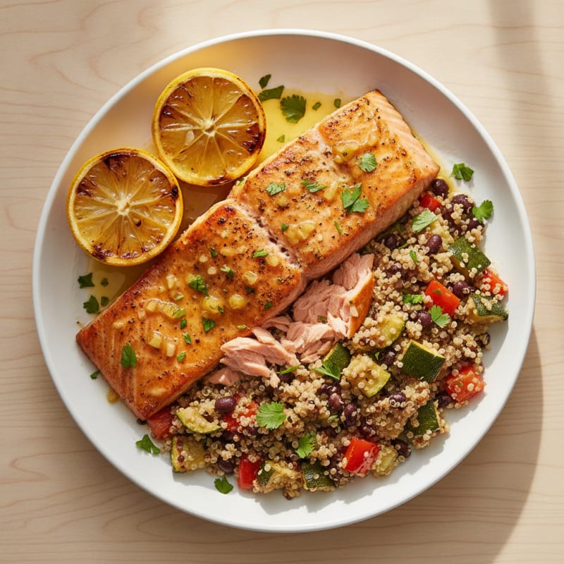 Grilled Citrus-Garlic Salmon with Roasted Vegetable Quinoa
