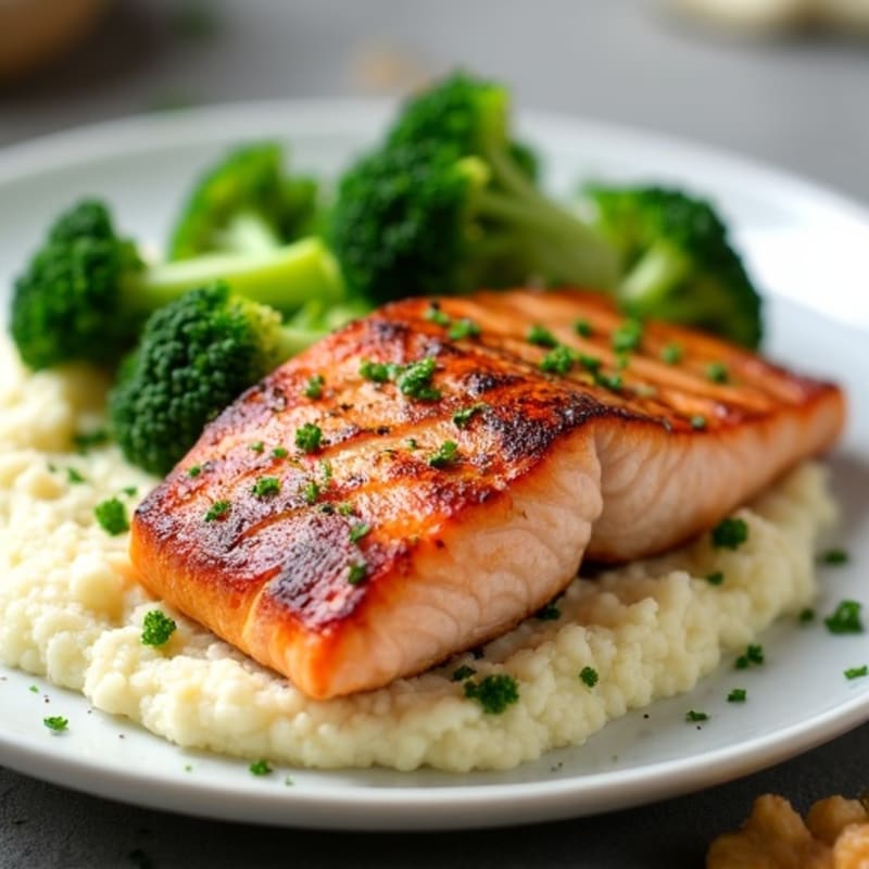 Seared Salmon with Steamed Broccoli and Cauliflower Mash