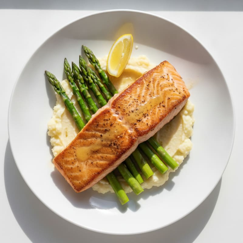 Seared Salmon Fillet with Steamed Asparagus and Cauliflower Mash