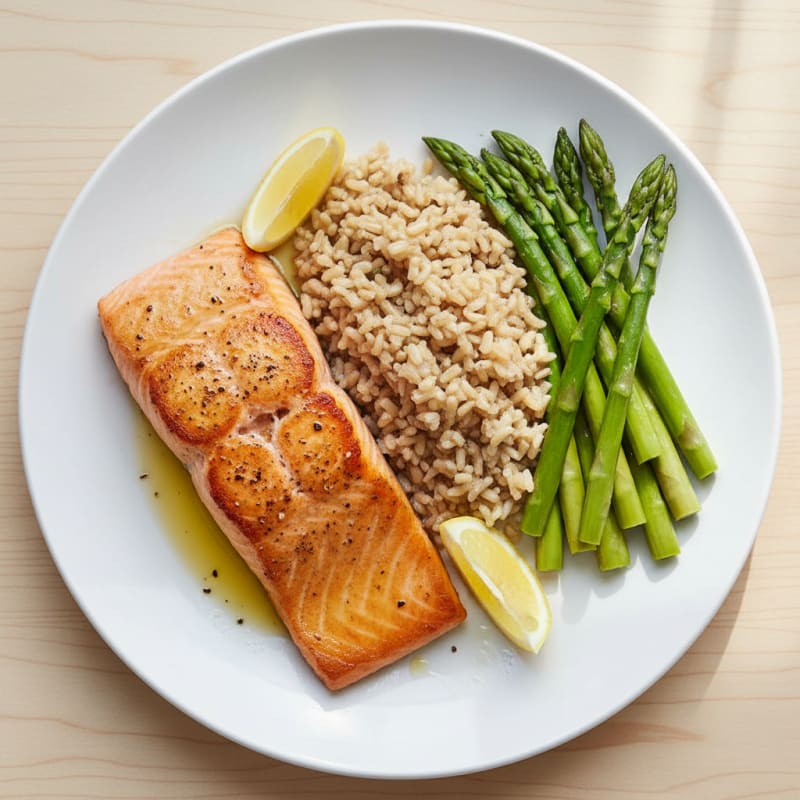 Seared Salmon with Steamed Asparagus and Brown Rice