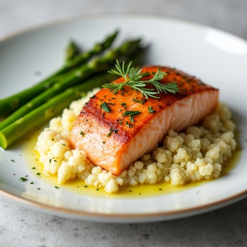 Seared Salmon Fillet with Steamed Asparagus and Cauliflower Mash