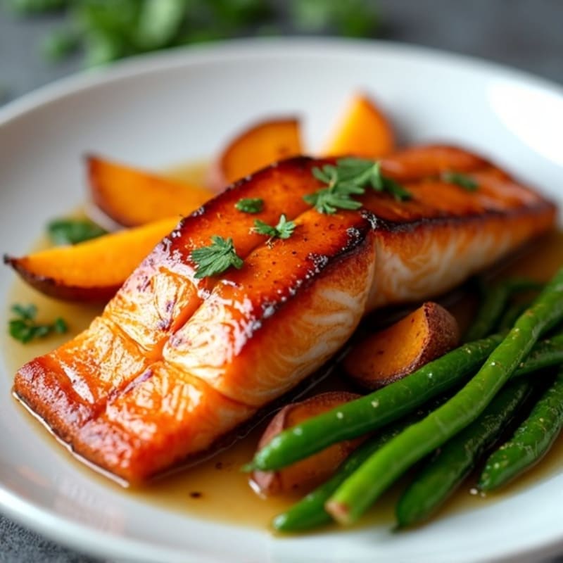 Maple-Glazed Salmon with Roasted Sweet Potatoes and Crispy Green Beans
