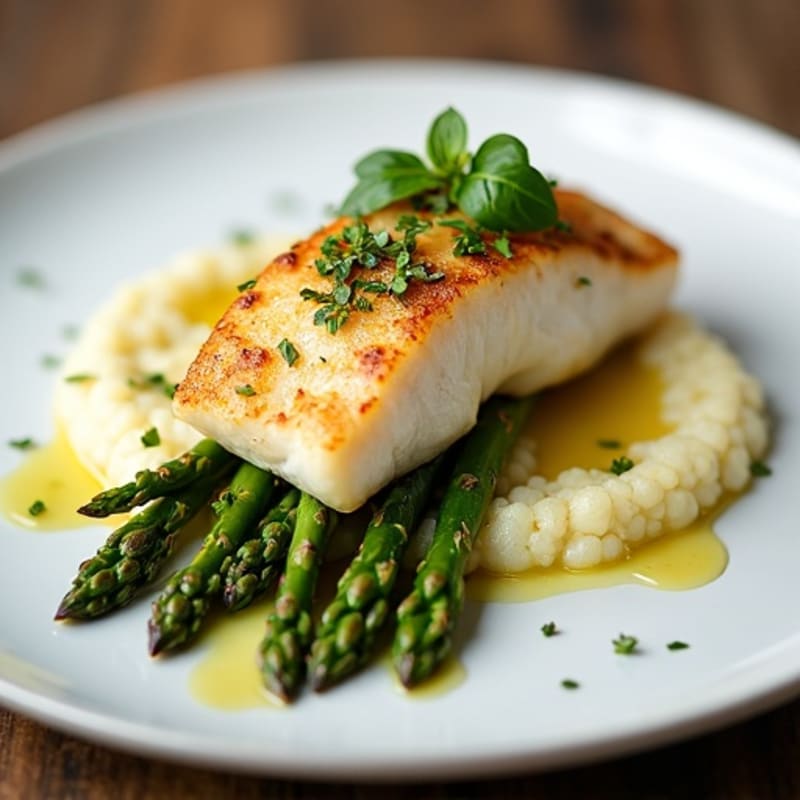 Seared Cod with Roasted Asparagus and Cauliflower Mash
