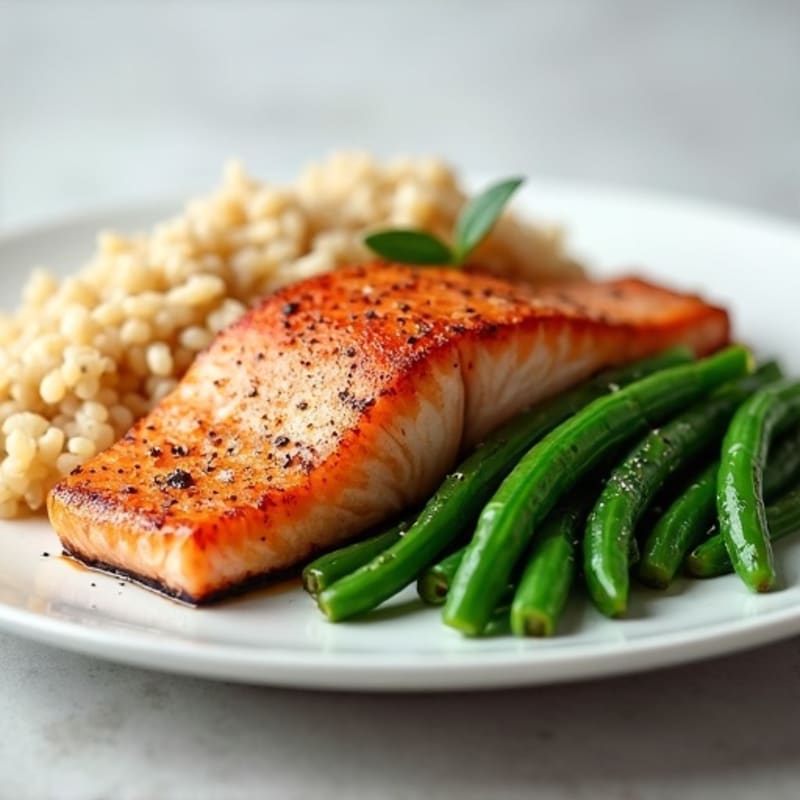 Seared Salmon with Steamed Green Beans and Brown Rice