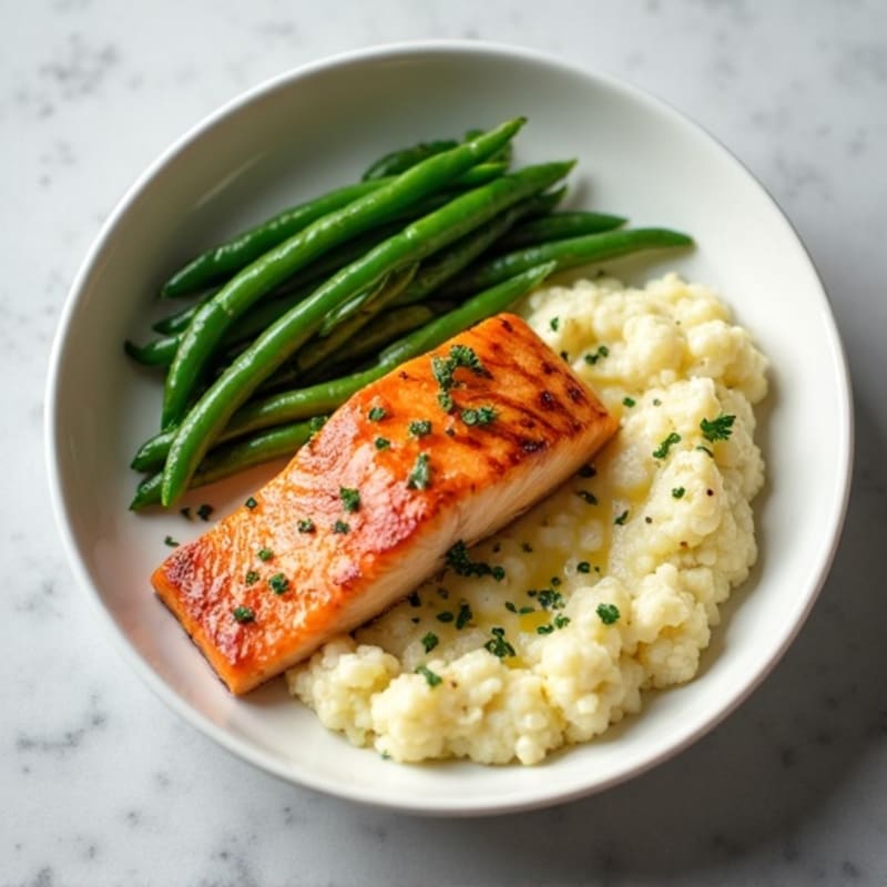 Seared Salmon Fillet with Steamed Green Beans and Cauliflower Mash