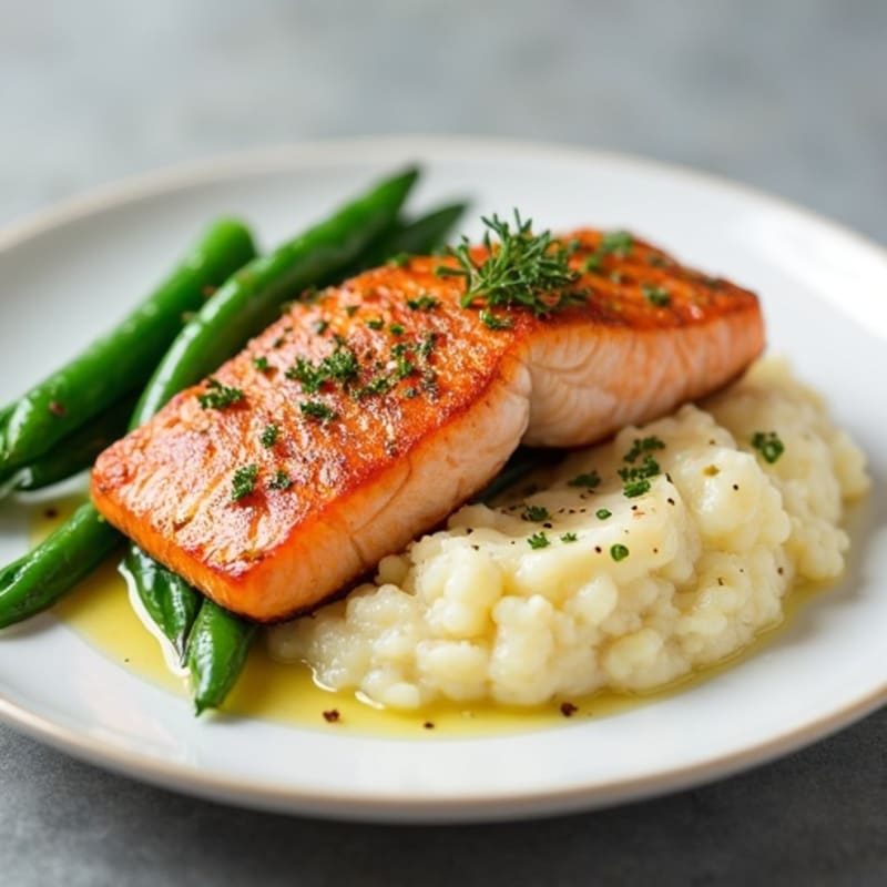 Seared Salmon with Garlic Green Beans and Cauliflower Mash