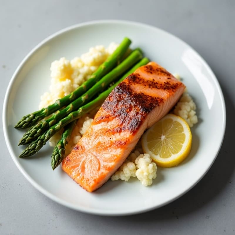 Seared Salmon with Steamed Asparagus and Cauliflower Mash