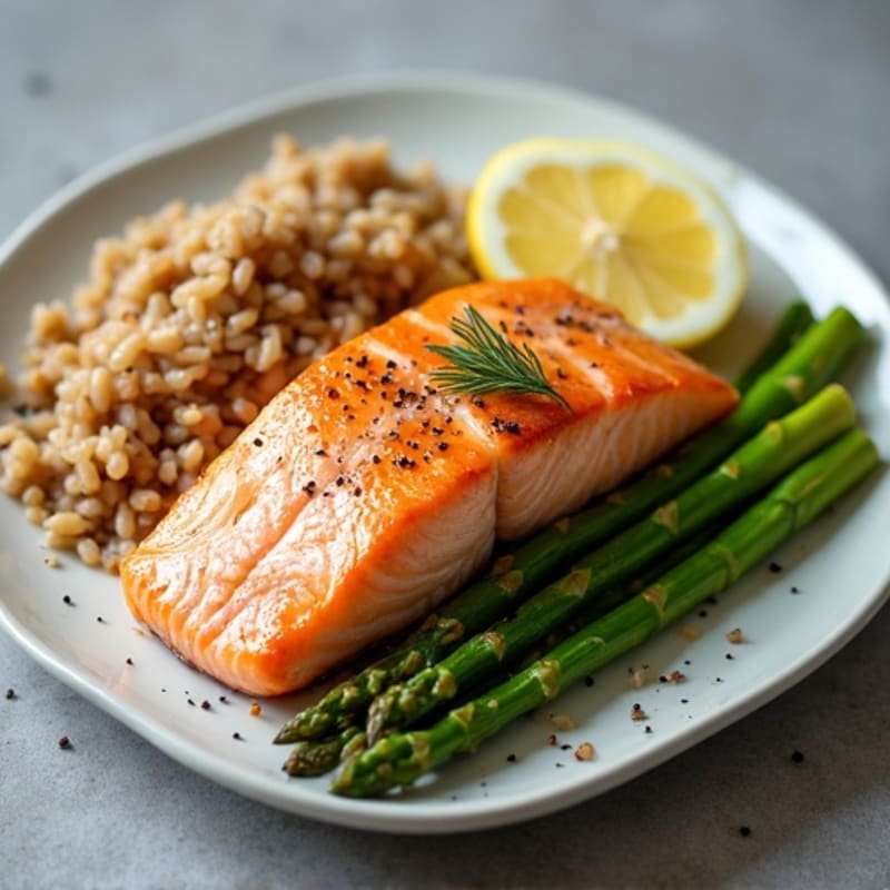 Seared Salmon with Steamed Asparagus and Brown Rice