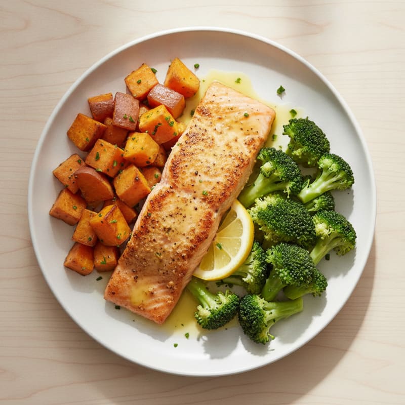 Seared Salmon with Roasted Sweet Potato and Steamed Broccoli