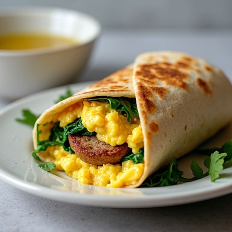 Scrambled Egg, Lean Chicken Sausage, and Sautéed Spinach Whole Wheat Burrito