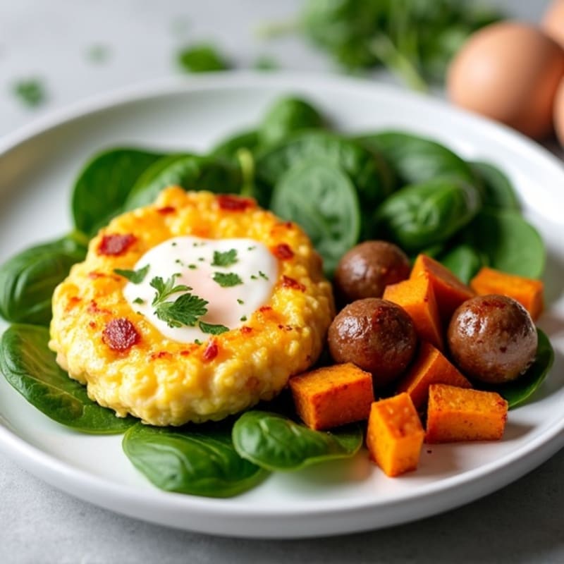 Egg White and Turkey Sausage Scramble with Spinach and Roasted Sweet Potato