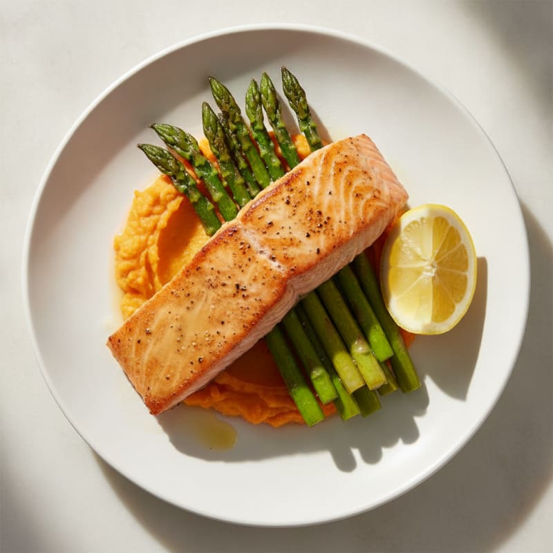 Seared Salmon with Roasted Asparagus and Sweet Potato Mash